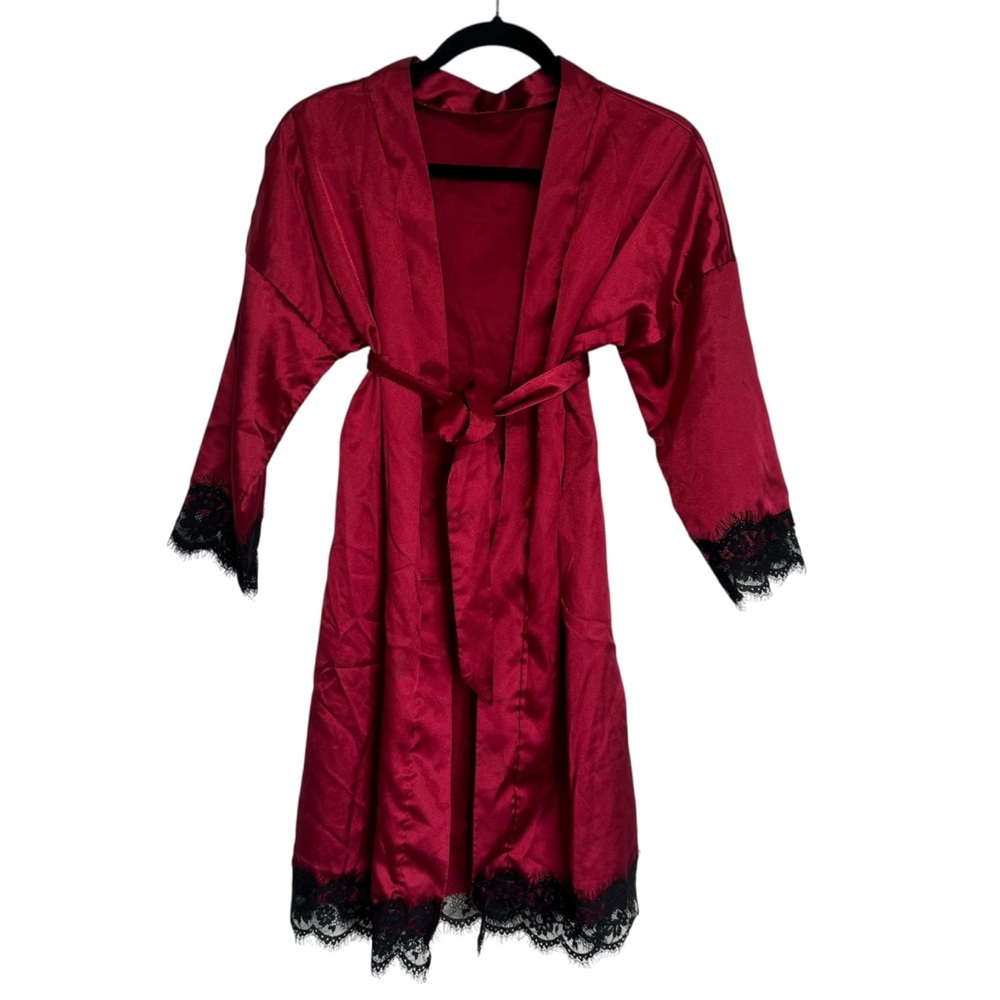 Elegant Red Satin Robe with Black Lace Trim